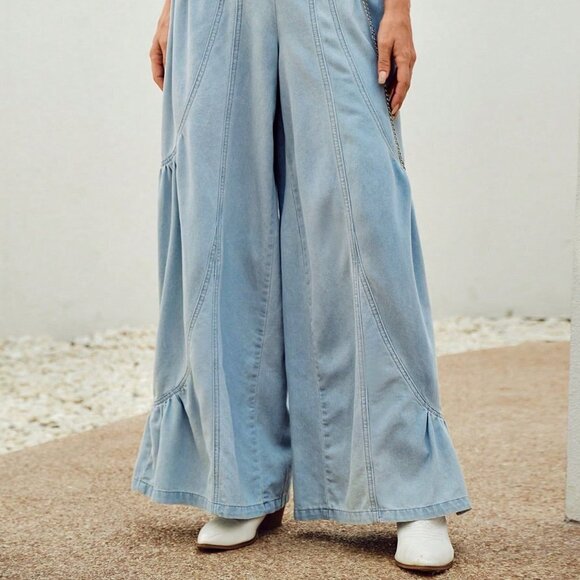 Blue Casual Womens High Waist Ruffle Hem Wide Leg Jeans - Picture 5 of 5